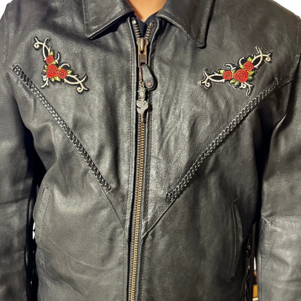 Genuine Leather Biker Jacket Women XL Black Lady Rider Rose Embroidered